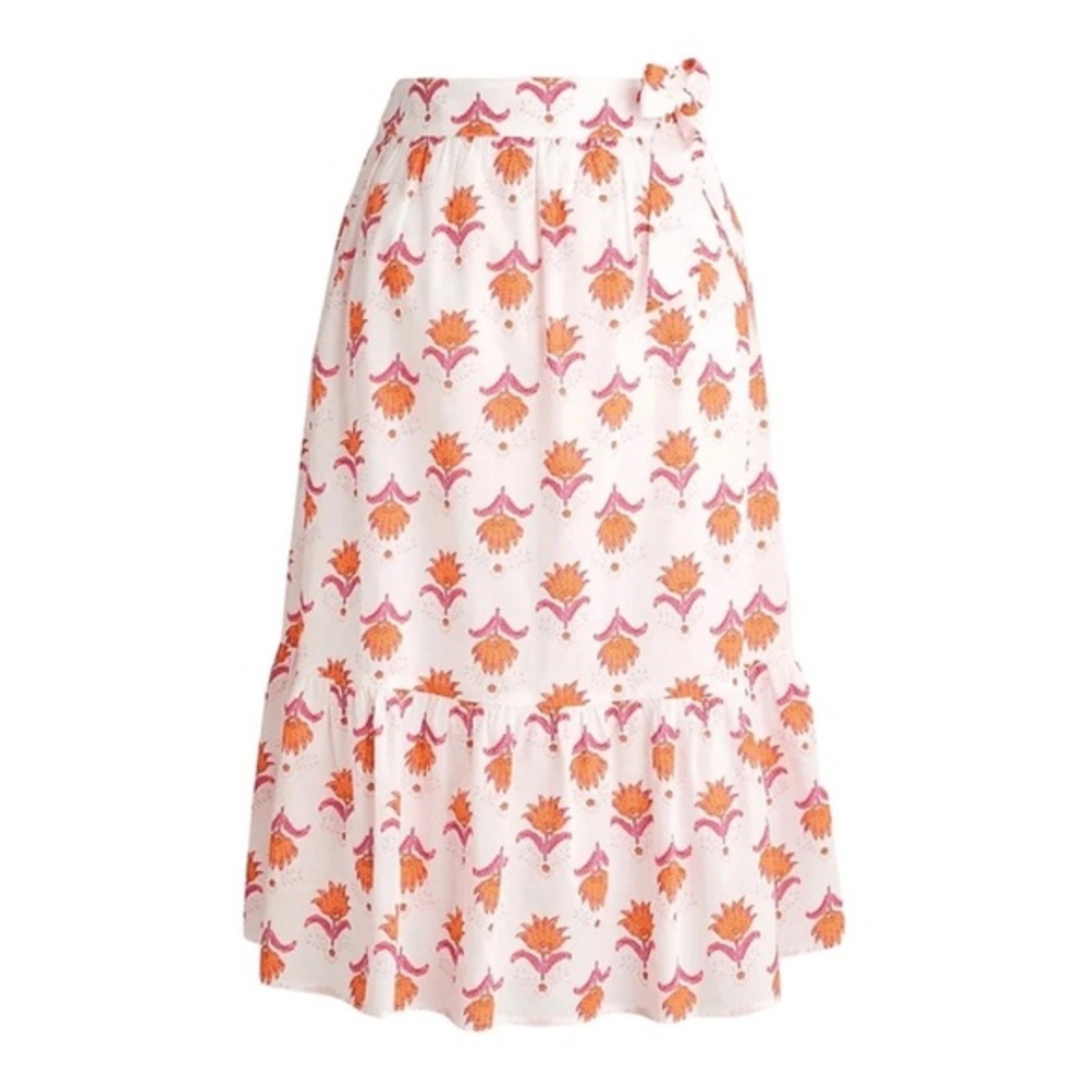 J. Crew Tiered Faux Wrap Midi Skirt White Pink Orange Floral Size 12 NWT